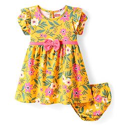 Babyhug Cotton Knit Half Sleeves Frock & Bloomer with Floral Print - Yellow