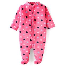 Babyhug Velour Knit Full Sleeves Winter Wear  Polka Dots Printed Footed Front Open Sleep Suit - Dark Pink
