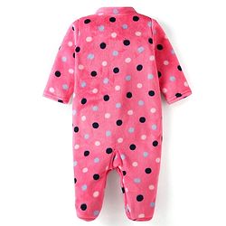 Babyhug Velour Knit Full Sleeves Winter Wear  Polka Dots Printed Footed Front Open Sleep Suit - Dark Pink