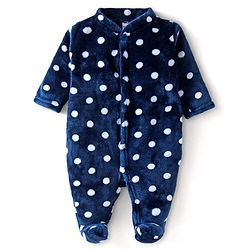 Babyhug Velour Knit Full Sleeves Winter Wear Sleep Suit With Polka Dots Print - Navy Blue