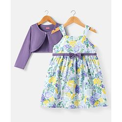 Babyhuhg Cotton Knit Floral Printed Frock with Full Sleeves Solid Color Shrug & Bow Applique - Purple