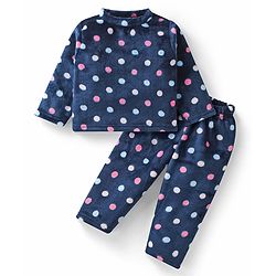 Babyhug Velour Knit Full Sleeves Winter Night Suit With Polka Dots  Print - Navy Blue