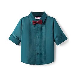 Babyhug Cotton Woven Full Sleeve Solid Color Pintuck Detailing Party Shirt with Bow - Teal Blue