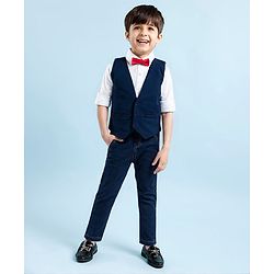 Babyhug Woven Full Sleeves 3 Piece Solid Colour Party Suit With Bow - Navy Blue & White