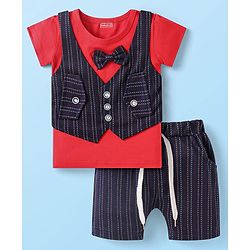 Babyhug Woven Half Sleeves T-Shirt & Shorts With Bow Applique - Red & Navy Blue