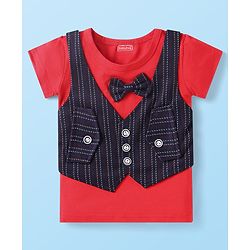 Babyhug Woven Half Sleeves T-Shirt & Shorts With Bow Applique - Red & Navy Blue