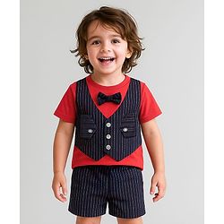 Babyhug Woven Half Sleeves T-Shirt & Shorts With Bow Applique - Red & Navy Blue
