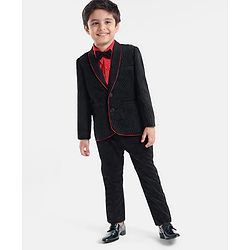 Babyhug Woven Full Sleeves Solid Colour 3 Piece Party Suit With Bow - Navy Blue & Red