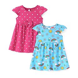 Babyhug Single Jersey Knit Half Cap Sleeves Polka Dot & Floral Printed Frocks Pack of 2 - Pink & Light Blue