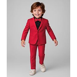 Babyhug Stretchable Full Sleeves Solid 3 Piece Party Suit With Bow - Red