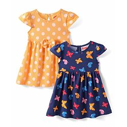 Babyhug Single Jersey Knit Cap Sleeves Polka Dots & Butterfly Printed Frocks with Bow Applique Pack of 2 - Orange & Navy Blue