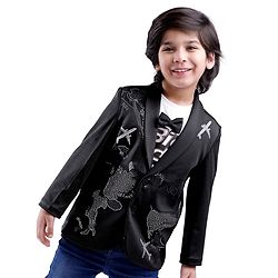 Babyhug Woven Half Sleeves Text Printed T-Shirt & Full Sleeves Blazer With Bow Applique & Glitter Print - Black