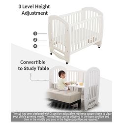 Babyhug Compacto 3 in 1 Cot Rocker Cum Study Table  White| Easy to Assemble| No Tools Required| Adjustable Height| Attach to Parent Bed | Wheels with Lock