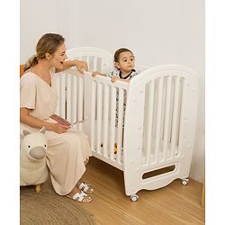 Babyhug Compacto 3 in 1 Cot Rocker Cum Study Table  White| Easy to Assemble| No Tools Required| Adjustable Height| Attach to Parent Bed | Wheels with Lock
