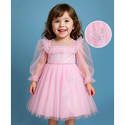 Babyhug Woven Full Puffed Sleeves Party Dress With Butterfly Applique & Pearl Detailing - Baby Pink