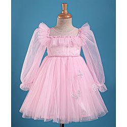 Babyhug Woven Full Puffed Sleeves Party Dress With Butterfly Applique & Pearl Detailing - Baby Pink