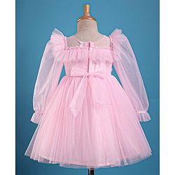 Babyhug Woven Full Puffed Sleeves Party Dress With Butterfly Applique & Pearl Detailing - Baby Pink