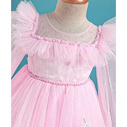 Babyhug Woven Full Puffed Sleeves Party Dress With Butterfly Applique & Pearl Detailing - Baby Pink