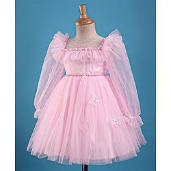 Babyhug Woven Full Puffed Sleeves Party Dress With Butterfly Applique & Pearl Detailing - Baby Pink