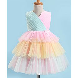 Babyhug Woven Sleeveless Party Dress With Glitter Print & Bow Applique - Pink