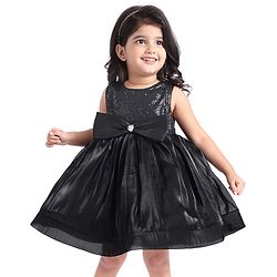 Babyhug Woven Sleeveless Sequin on Yoke Party Frock with Bow Applique - Black
