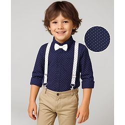Babyhug  Woven Full Sleeves Polka Dots Printed Party Shirt with Bow & Suspender - Navy Blue