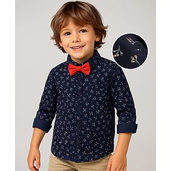Babyhug Woven Full Sleeves Floral Printed Party Shirt with Bow - Navy Blue