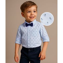 Babyhug Woven Full Sleeves Wind Mill Printed Party Shirt with Bow - Light Blue