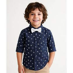 Babyhug Woven Full Sleeves Floral Printed Party Shirt with Bow - Navy Blue