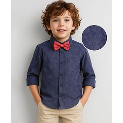 Babyhug Woven Full Sleeves Floral Printed Party Shirt with Bow - Navy Blue