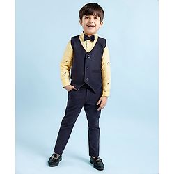 Babyhug Woven Full Sleeves 3 Piece Party Suit With Bird Print & Bow - Mustard & Navy Blue