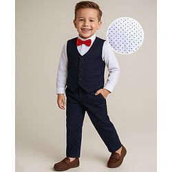Babyhug Woven Full Sleeves Printed 3 Piece Party Suit With Bow - White & Navy Blue