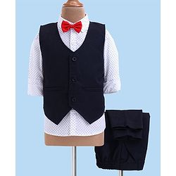 Babyhug Woven Full Sleeves Printed 3 Piece Party Suit With Bow - White & Navy Blue