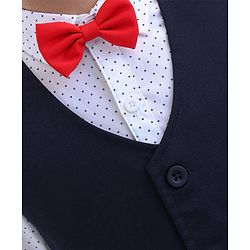 Babyhug Woven Full Sleeves Printed 3 Piece Party Suit With Bow - White & Navy Blue