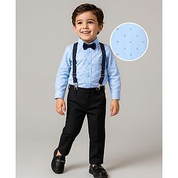 Babyhug Woven Full Sleeves Printed Shirt & Trouser With Bow & Suspender - Light Blue