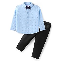 Babyhug Woven Full Sleeves Printed Shirt & Trouser With Bow & Suspender - Light Blue