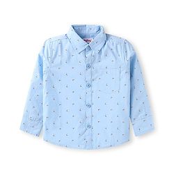 Babyhug Woven Full Sleeves Printed Shirt & Trouser With Bow & Suspender - Light Blue