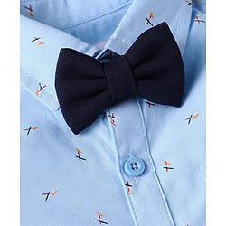 Babyhug Woven Full Sleeves Printed Shirt & Trouser With Bow & Suspender - Light Blue