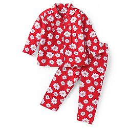 Babyhug Cotton Woven Full Sleeves Floral Printed Night Suit - Red