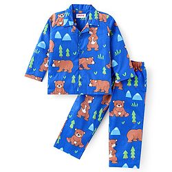 Babyhug Cotton Woven Full Sleeves Night Suit Bear Print - Blue