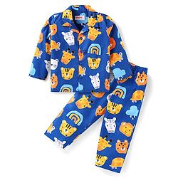Babyhug Cotton Woven Full Sleeves Front Open Night Suit With Animals Print - Navy