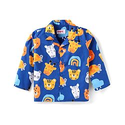 Babyhug Cotton Woven Full Sleeves Front Open Night Suit With Animals Print - Navy