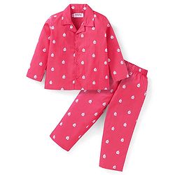 Babyhug Cotton Woven Full Sleeves Front Open Night Suit With Sailboats Print - Dark Pink