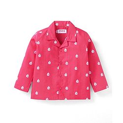 Babyhug Cotton Woven Full Sleeves Front Open Night Suit With Sailboats Print - Dark Pink