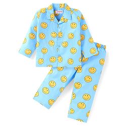 Babyhug Cotton Woven Full Sleeves Smiley Printed Night Suit - Light Blue