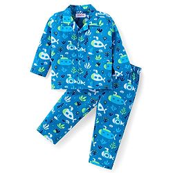 Babyhug Cotton Woven Full Sleeves Front Open Night Suit With Sea Life Print - Blue