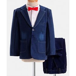 Babyhug Woven Full Sleeves Solid Color 3 Piece Party Suit with Bow - Navy Blue