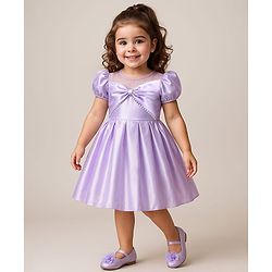 Babyhug Woven Half Puffed Sleeves Solid Colour Fit & Flared Pleated Party Dress with Pearl Detailing - Lilac
