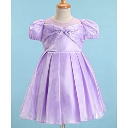 Babyhug Woven Half Puffed Sleeves Solid Colour Fit & Flared Pleated Party Dress with Pearl Detailing - Lilac
