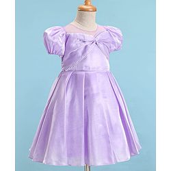 Babyhug Woven Half Puffed Sleeves Solid Colour Fit & Flared Pleated Party Dress with Pearl Detailing - Lilac